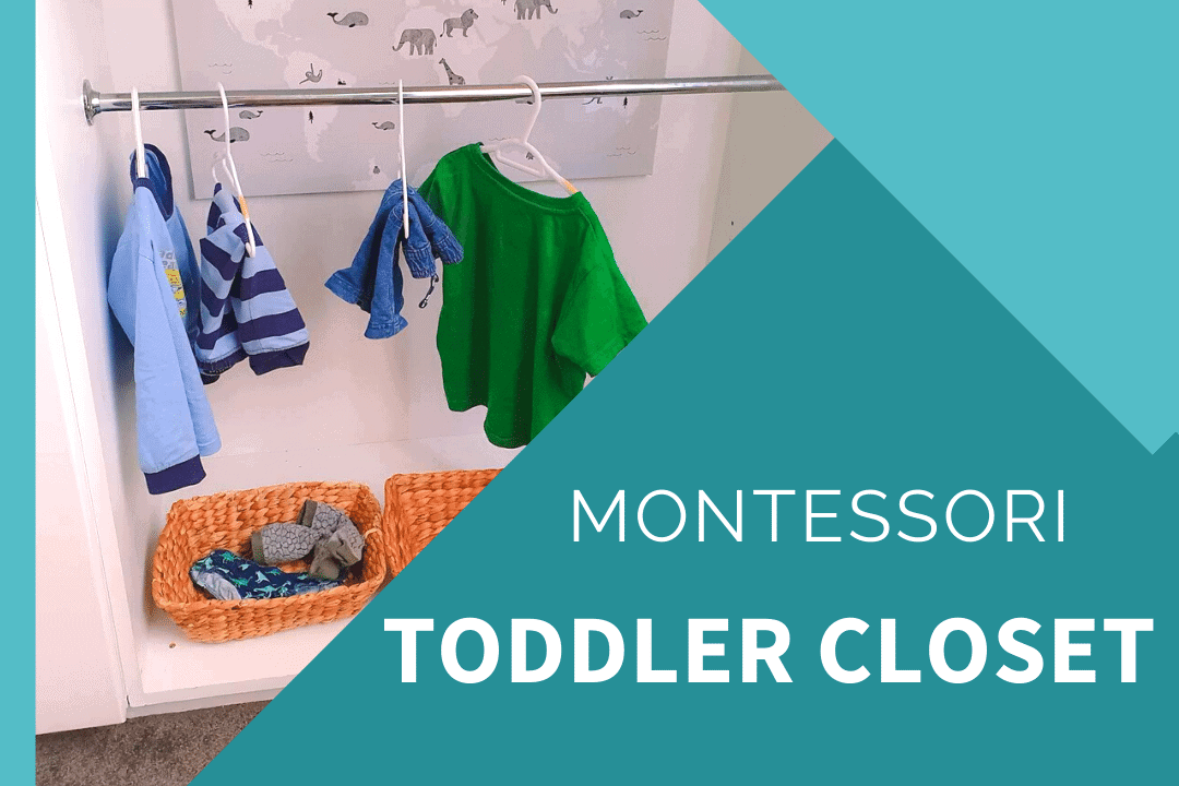 montessori toddler wardrobe with child height hanging bar with blue pjs on hanger and green shirt on hanger