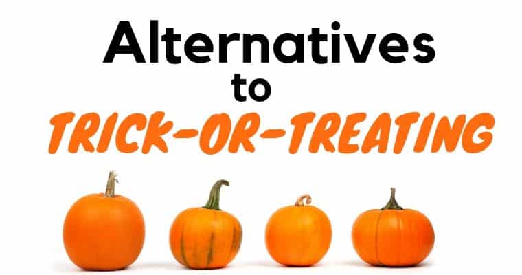 Alternatives to trick or treating with 4 orange pumpkins underneath with a white background