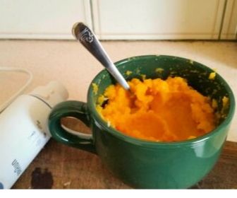 pureed carrots and parsnips for baby food in green mug
