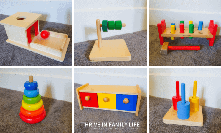 Montessori toys for 12 month old including object permanence box, horizontal dowel, hammer and peg toy, stacking rings, open/close boxes, 3 color rings and dowels. 