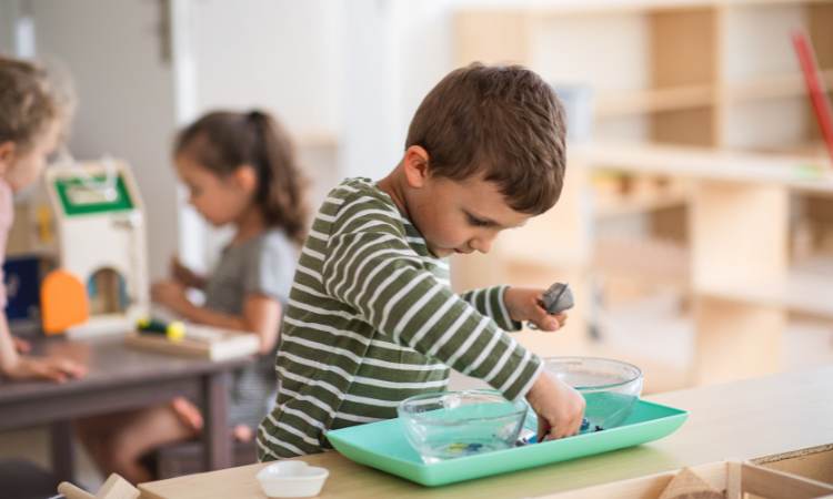 young boy in striped green shirt doing sorting work in montessori classroom